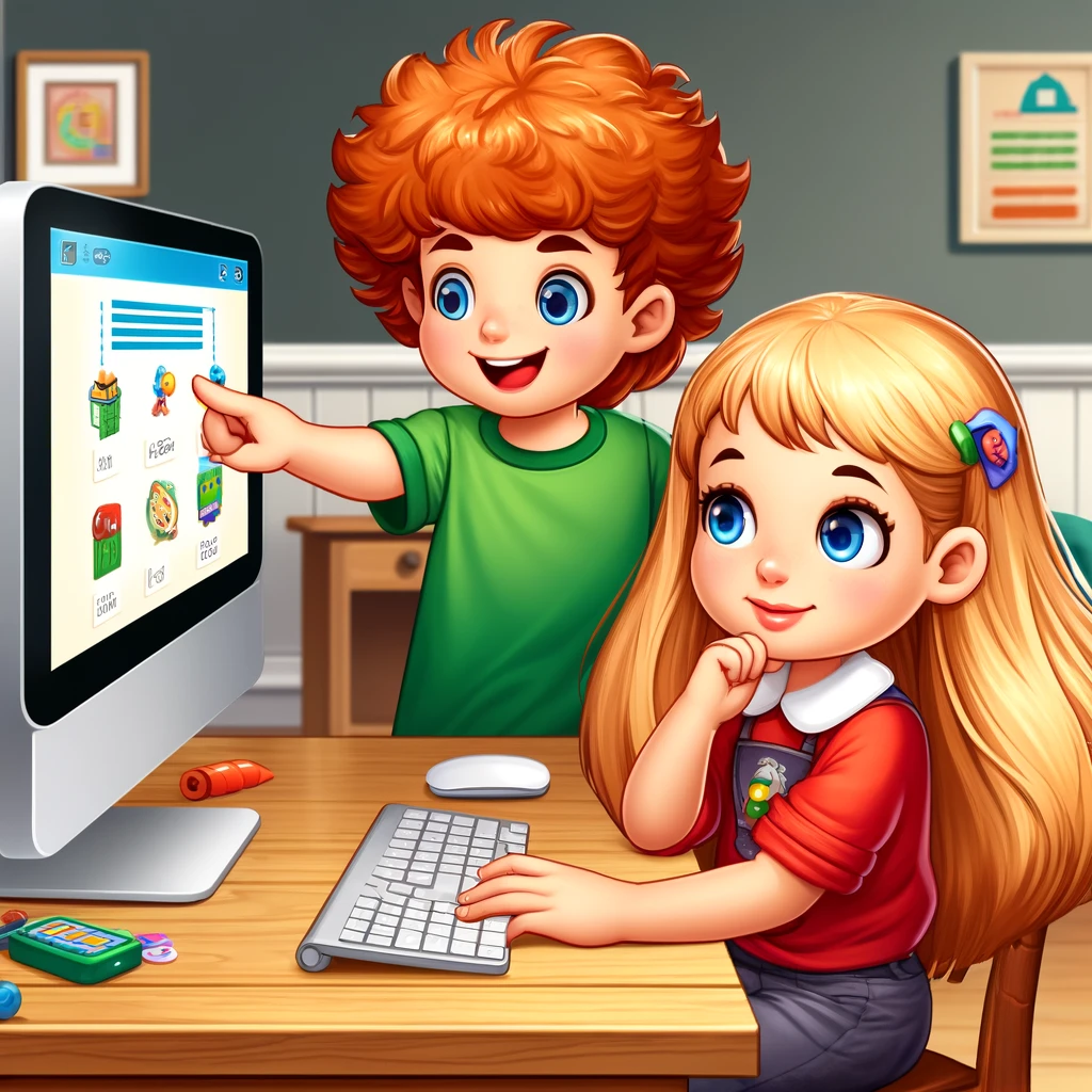 a girl in front of a desktop computer and a boy pointing to the computer as if to show something
