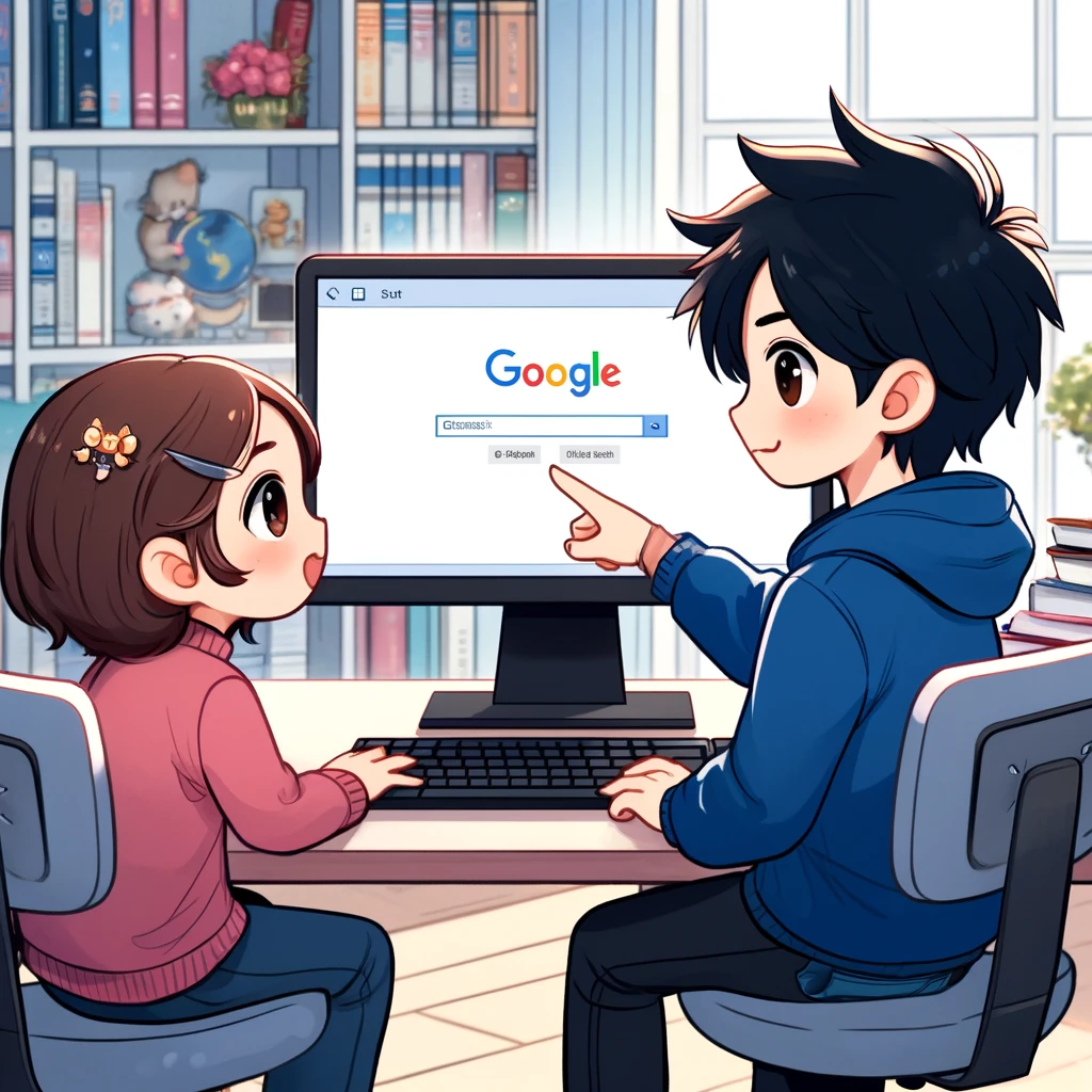 a girl in front of a desktop computer and a boy pointing to the computer to show a Google search results page