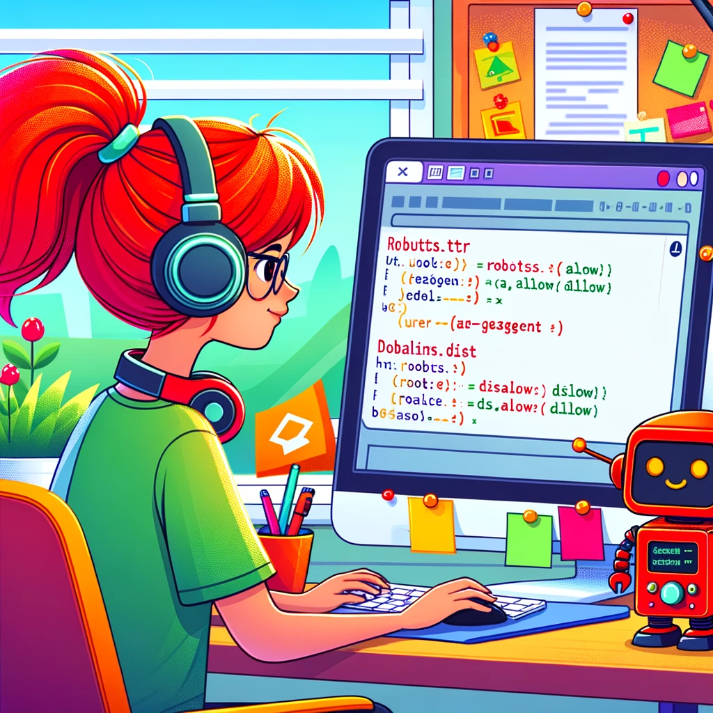 a red headed girl sitting in front of her computer editing Robots.txt Files