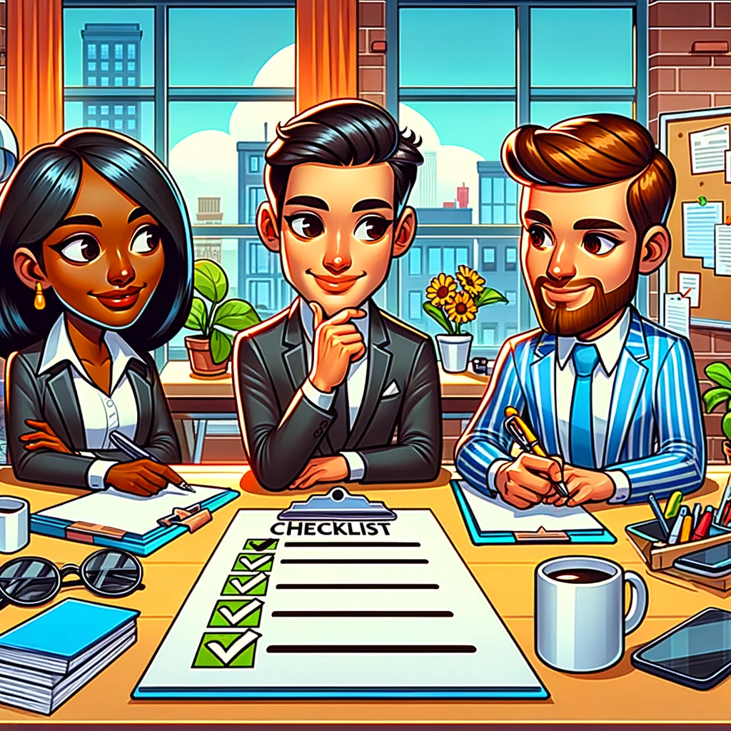 three business people sitting at a desk looking at an SEO checklist