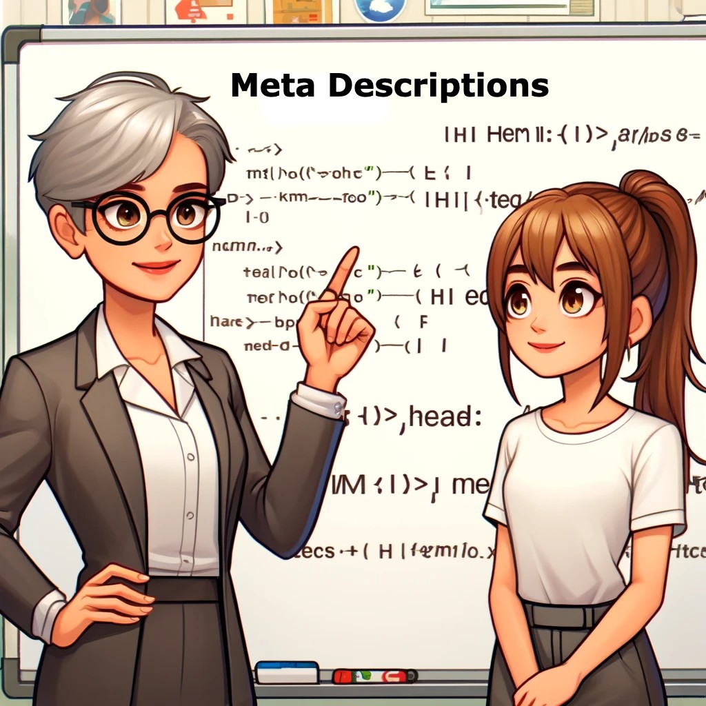 two females standing in front of a white board. On the white board is basic html code and meta data