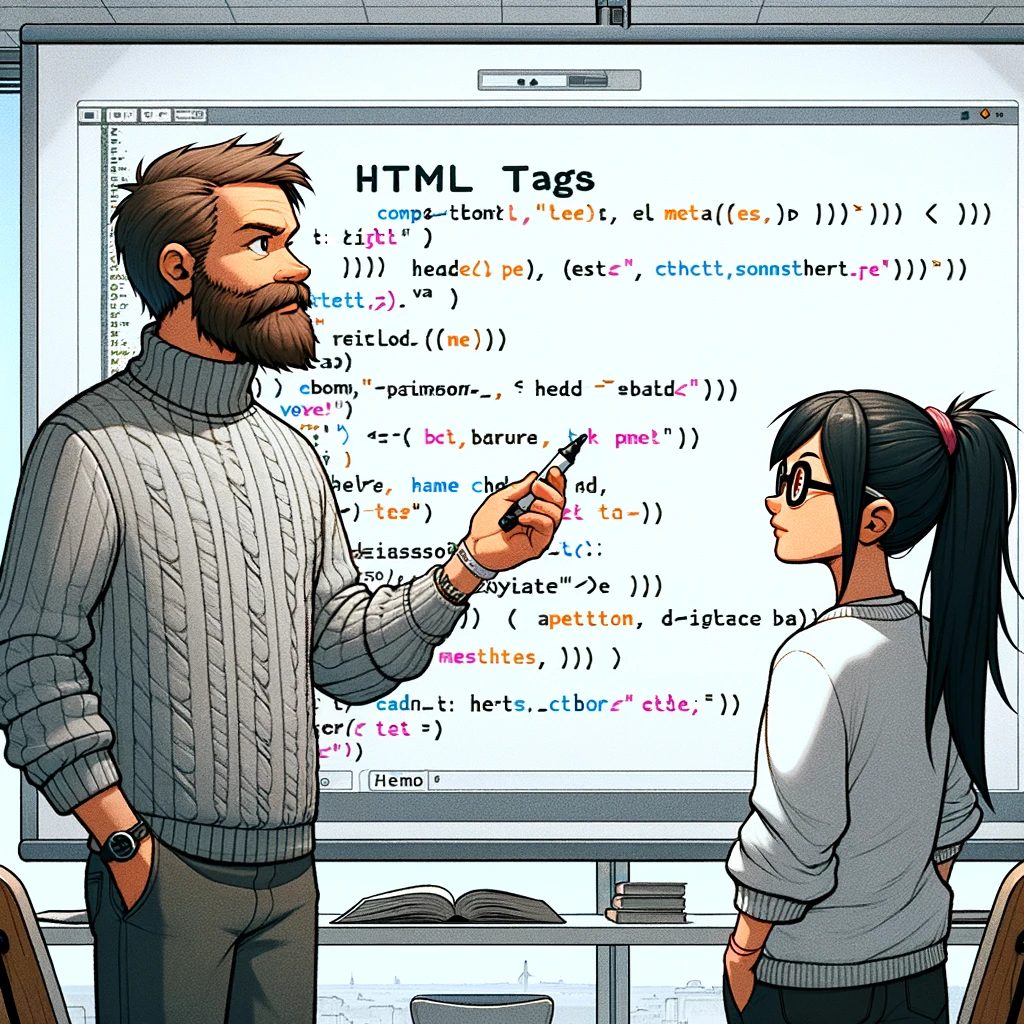 two people standing in front of a white board. On the white board is basic html code and meta data