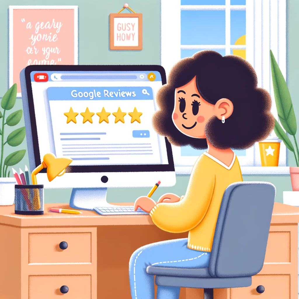 a person sitting at a computer looking at her Google Reviews