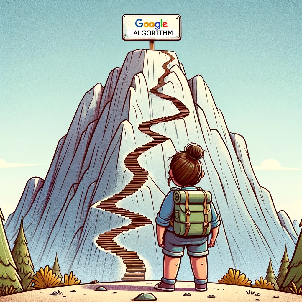 a person standing at the bottom of a large mountain preparing how she is going to get to the top. At the top of the mountain is a sign that says _Google Algorithm_