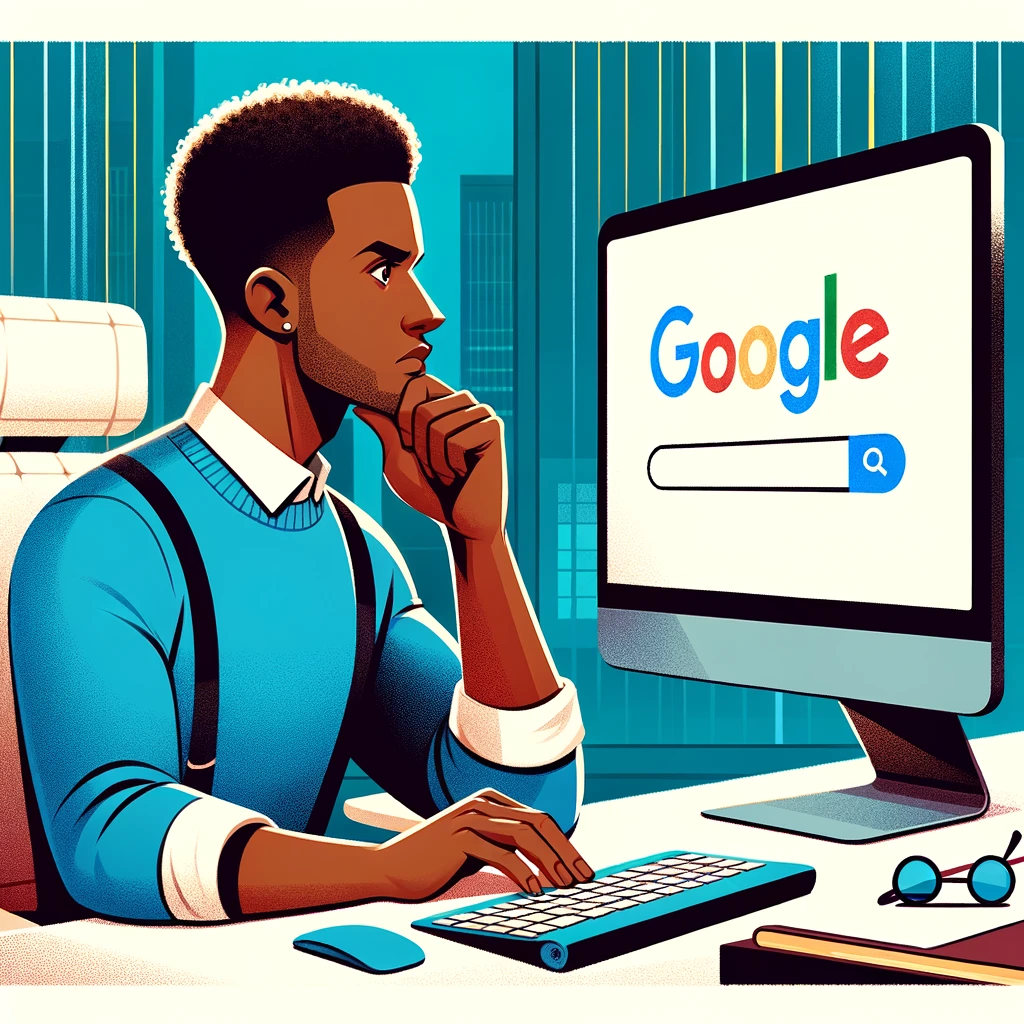 an African American man sitting at his computer searching Google