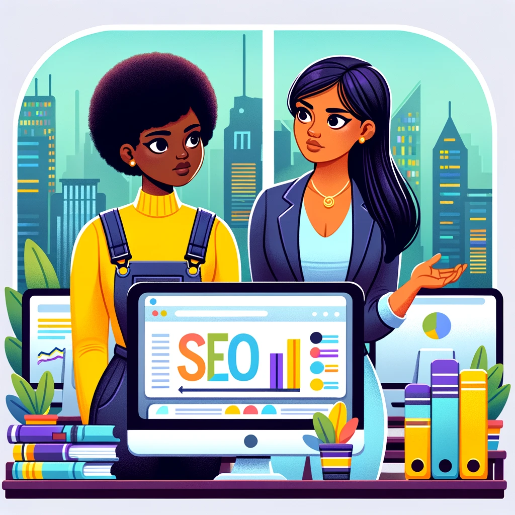 two women standing in front of a PC with a website on it discussing SEO